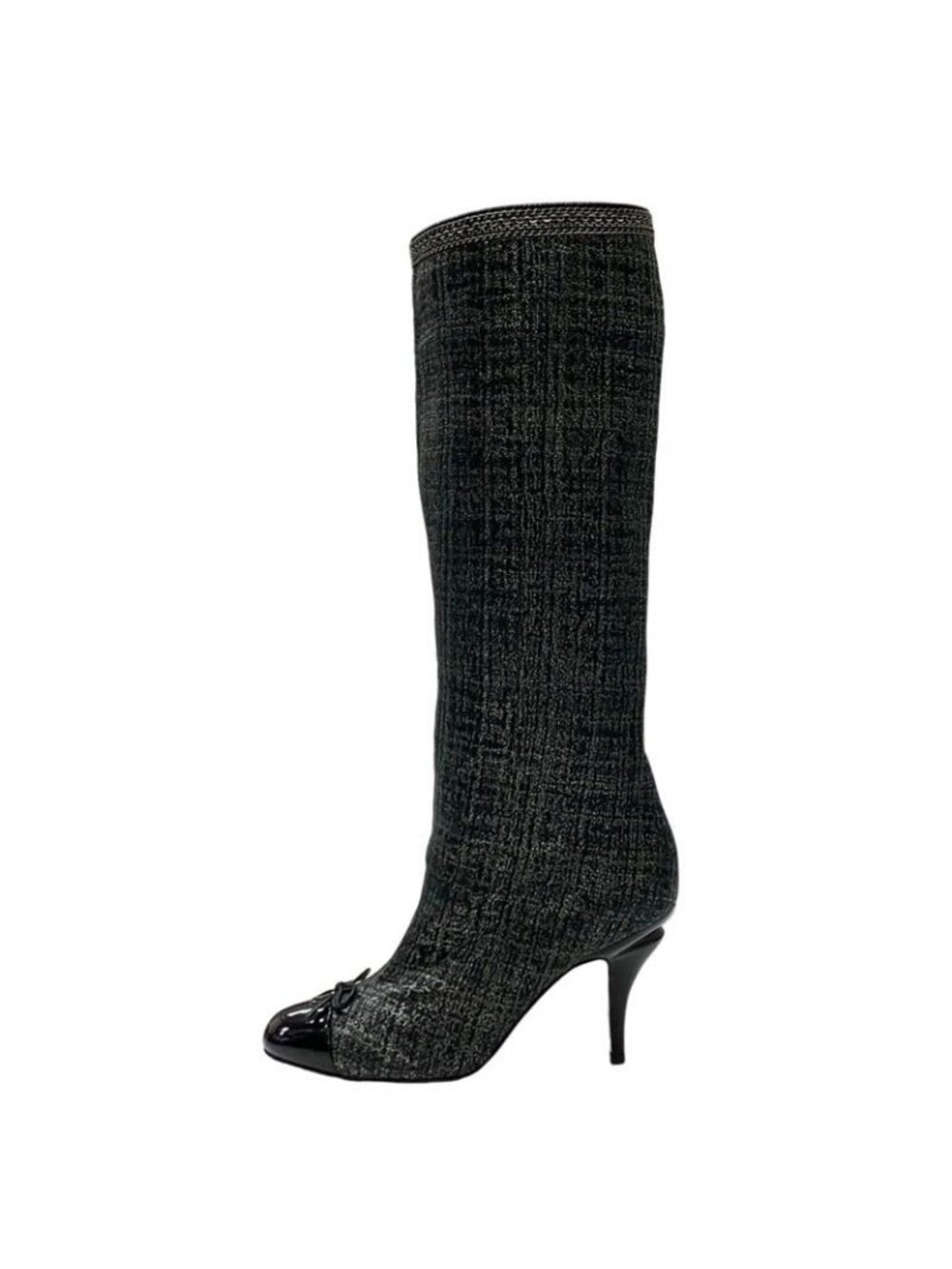 Chanel Boots Long Coco Mark Ribbon Chain Fabric Black - Picture 4 of 11